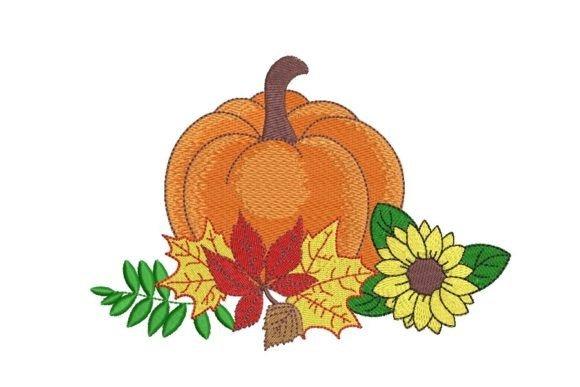 Fall embroidery designs featuring a pumpkin with autumn leaves and a sunflower for seasonal stitch projects