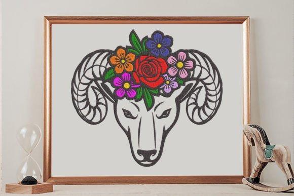 Ram head embroidered jacket design with colorful floral crown and curved horns