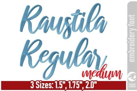 Raustila cursive embroidery font in medium weight with flowing brush-inspired strokes