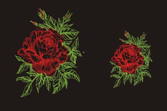 Red rose embroidery designs with green leaves in two sizes, 3x3.9 inch and 4.6x6.2 inch, elegant floral style
