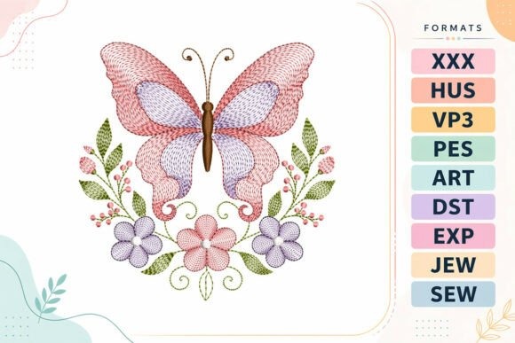 Etsy embroidery files for machine embroidery projects featuring a ripple butterfly with floral accents in pastel colors