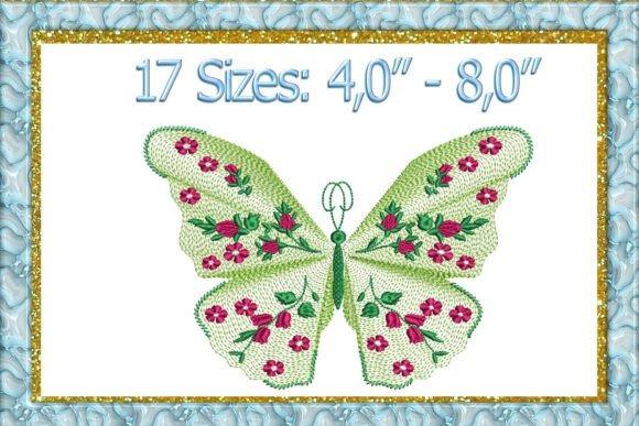 Butterfly embroidery design with floral details available in 17 sizes from 4 to 8 inches