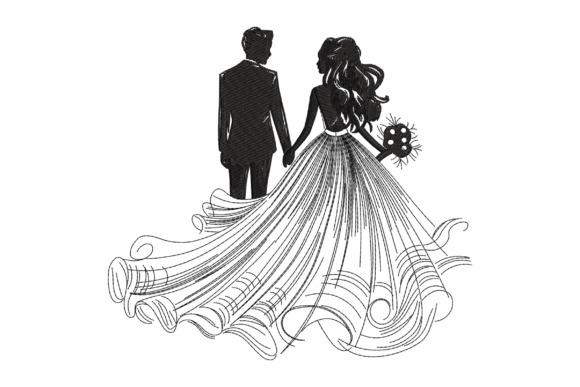 Romantic wedding couple illustration with bride in flowing gown holding bouquet and groom — wedding embroidery hoop designs