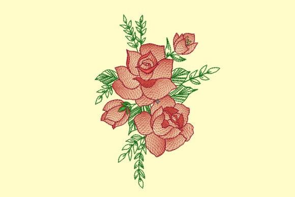 Classic rose wedding dress embroidery design with fuller flower shapes and green leaves