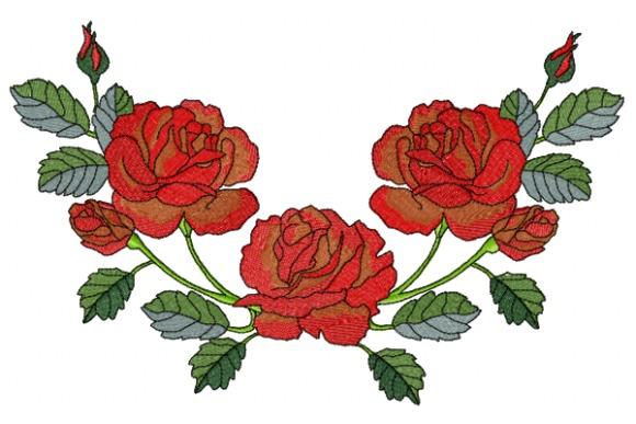 Red rose flower embroidery designs with green leaves and stems in a symmetrical arrangement