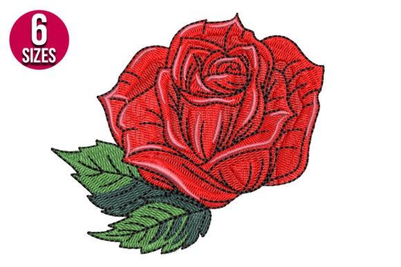Red rose embroidery design with green leaves available in six sizes — rose embroidery designs