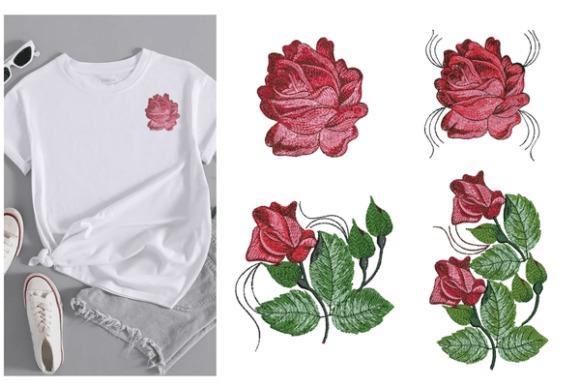 Rose embroidery designs including single rose motifs and rose clusters with leaves on white fabric and digital patterns