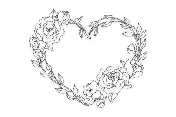 Rose embroidery designs forming a heart-shaped wreath with roses and leaves