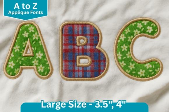 Embroidery fonts showing letters A, B, and C with rounded applique style in floral and plaid patterns