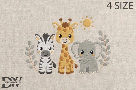 Etsy embroidery files for machine embroidery projects featuring safari animals zebra, giraffe, and elephant with sun and