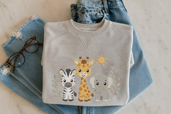 Etsy embroidery files for machine embroidery projects featuring safari animals on a gray sweatshirt