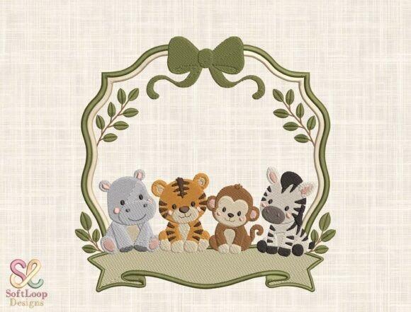 Safari baby animals embroidery design with hippo, tiger, monkey, and zebra for baby blanket embroidery