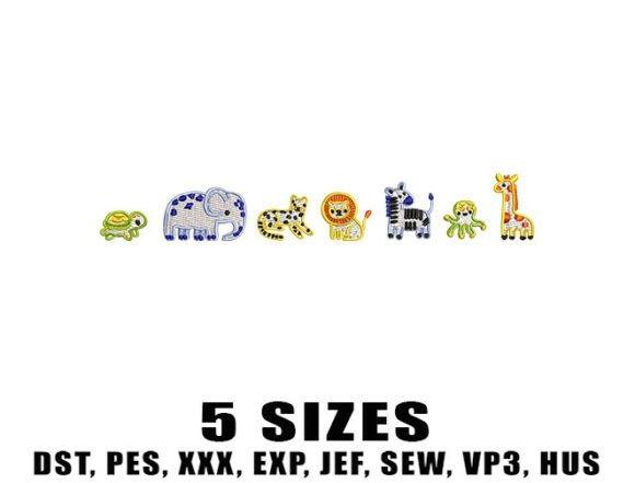 Safari baby animals embroidery designs including turtle, elephant, cheetah, lion, zebra — baby embroidery ideas for clothes