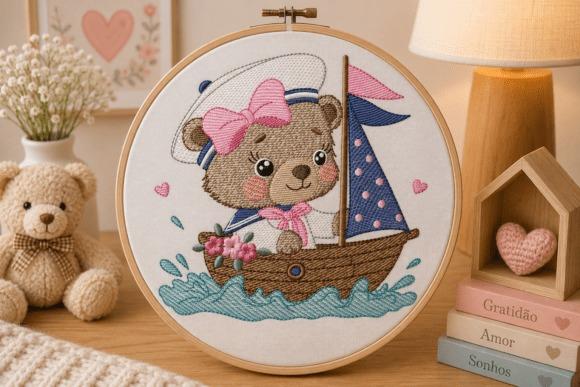 Sailor teddy bear embroidery design with nautical boat and pastel colors for baby projects