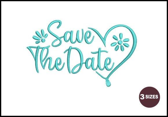 Embroidered wedding gift design with cursive Save The Date text, floral accents, and heart outline in turquoise