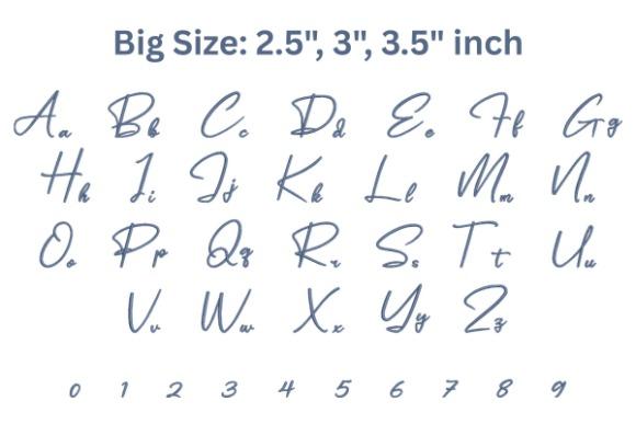 Script embroidery font showing uppercase, lowercase letters and numbers for name embroidery ideas