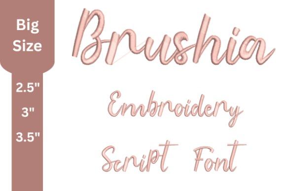 Brushia script embroidery fonts showing uppercase and lowercase letters in pink thread style for personalized gifts