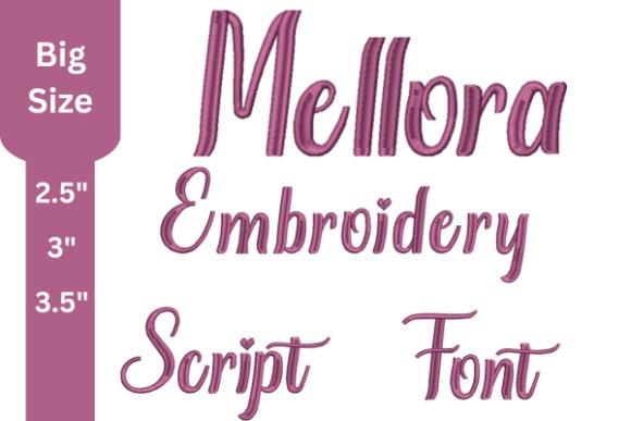 Script embroidery fonts showing the words Mellora Embroidery Script Font in pink thread with sizes 2.5, 3, and 3.5 inches