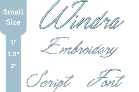 Embroidery fonts showing the script style with the words Windra Embroidery Script Font in light blue thread