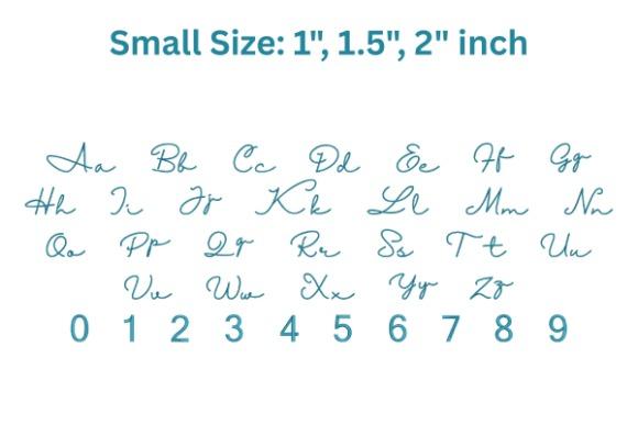 cursive embroidery alphabet with uppercase, lowercase letters and numbers in small sizes 1, 1.5, and 2 inches