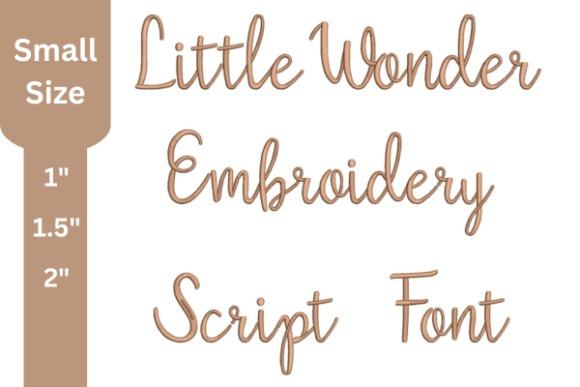 Script embroidery font sample showing 'Little Wonder Embroidery Script Font' in small sizes 1 to 2 inches — embroidery fonts