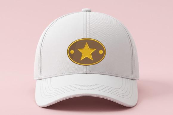 White cap with a machine embroidery patch of a gold sheriff star inside a brown oval badge with gold edging