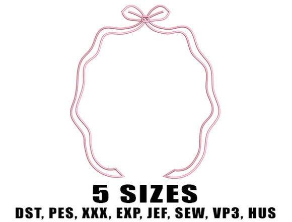 Monogram embroidery design featuring a curved frame with a single top bow in pink thread available in five sizes