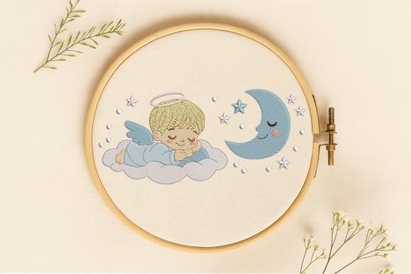 Baby blanket embroidery featuring a sleeping angel on a cloud with a crescent moon and stars
