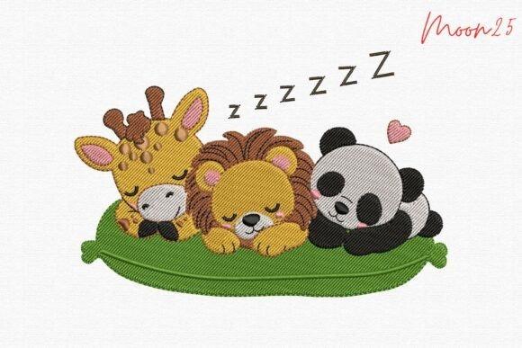 Sleeping baby animals embroidery on a green leaf, featuring a giraffe, lion, and panda for baby blanket embroidery