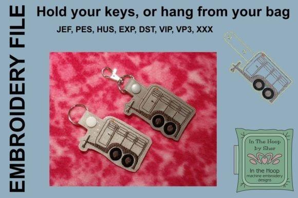 4x4 machine embroidery projects featuring small horse trailer key fobs with detailed stitching on a red background