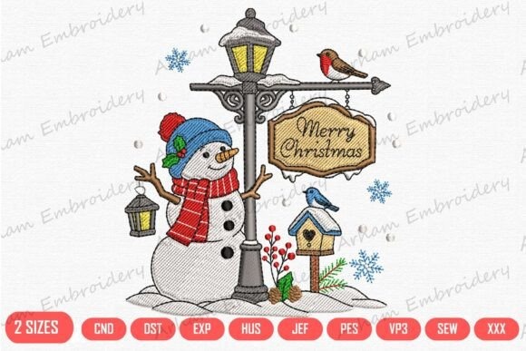 Etsy embroidery files for machine embroidery projects featuring a snowman with a red scarf and blue hat next to a lamppost