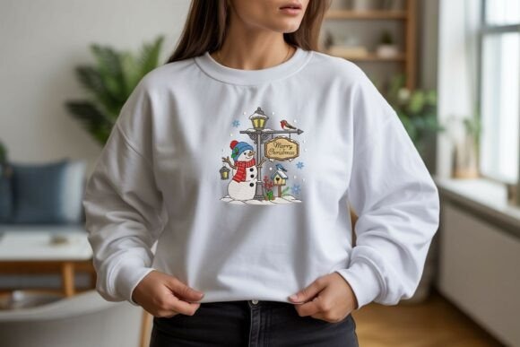 Etsy embroidery files for machine embroidery projects featuring a snowman Christmas winter scene on a white sweatshirt