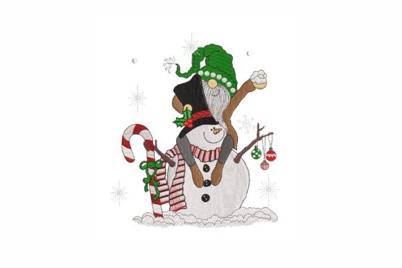 Winter embroidery patterns featuring a snowman with a gnome wearing a green hat and holding a candy cane and ornaments
