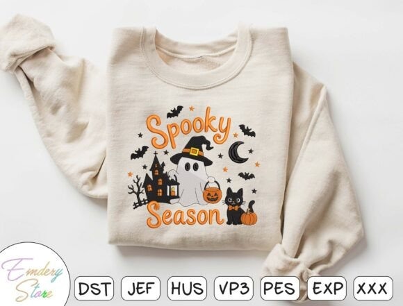 Etsy embroidery files for machine embroidery projects featuring a beige sweatshirt with a Halloween design including a