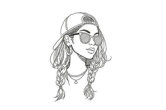 Minimalist line-art embroidery design of a woman with braided pigtails, backward baseball cap — embroidered hoodie ideas
