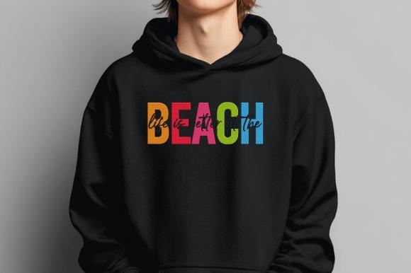 Black hoodie with colorful summer beach embroidery shirt design spelling BEACH in multicolor letters