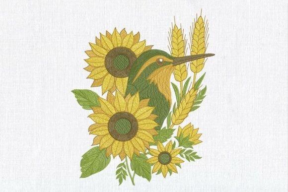 Hummingbird embroidery design with sunflowers, golden wheat, and leafy elements in botanical style