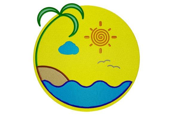 Embroidery shirt design featuring a colorful summer sunrise with palm tree, sun, clouds, and ocean waves
