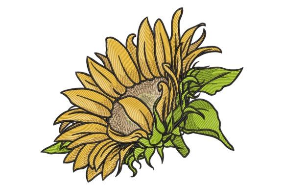 Sunflower embroidery design with taller orientation and detailed yellow petals and green leaves