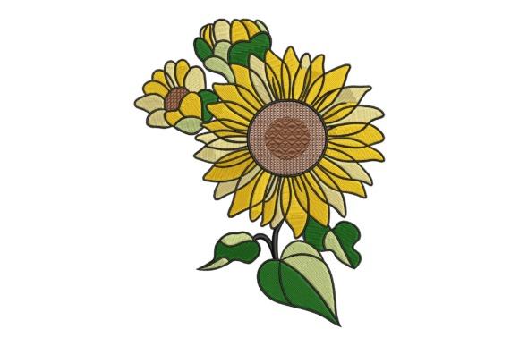 Sunflower embroidery design with yellow petals and green leaves, compact and near-square shape