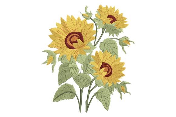 Sunflower embroidery design with three yellow sunflowers and green leaves for bright stitch projects