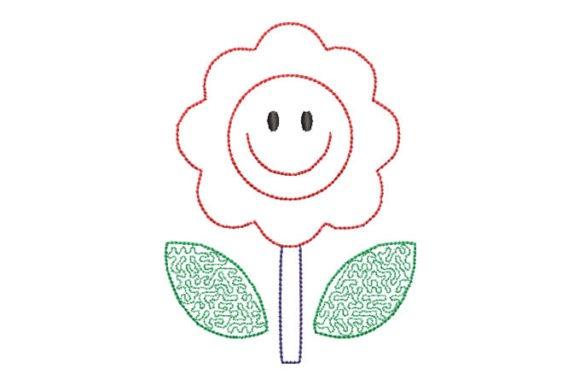 Simple embroidered sunflower with a smiling face and two green leaves in outline style — sunflower embroidery