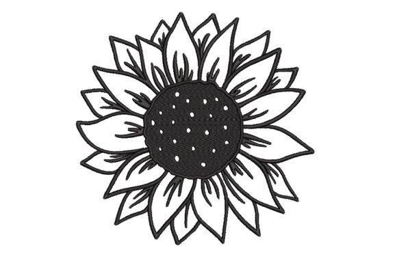 Outline sunflower embroidery design with detailed petals and dotted center in black and white