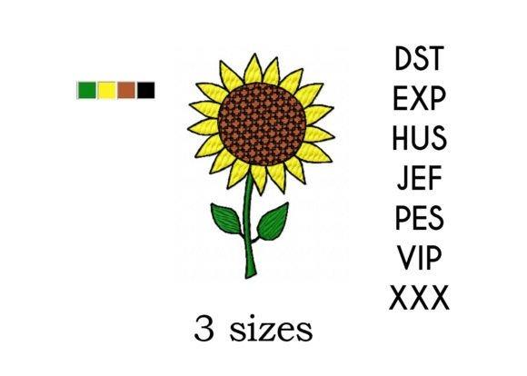 Sunflower embroidery design with three size options and color palette