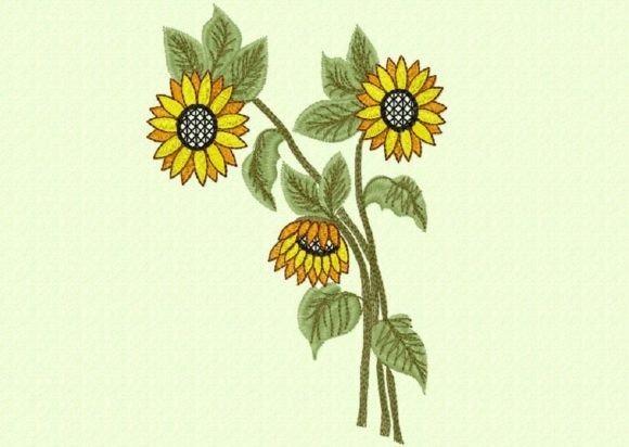 Sunflower embroidery design with three yellow sunflowers and green leaves on light fabric