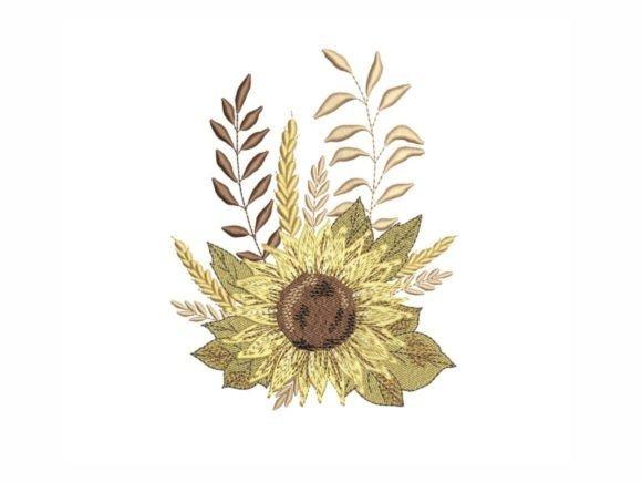 Sunflower embroidery design with a wider-than-tall silhouette and decorative leaves in shades of yellow and brown
