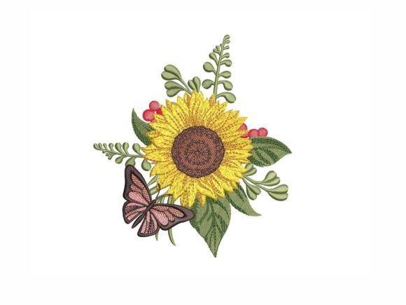 Sunflower embroidery design with green leaves, red berries, and a pink butterfly