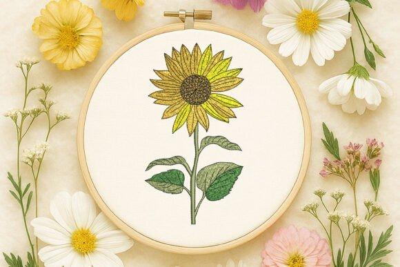 Sunflower embroidery design in a wooden hoop surrounded by various flowers