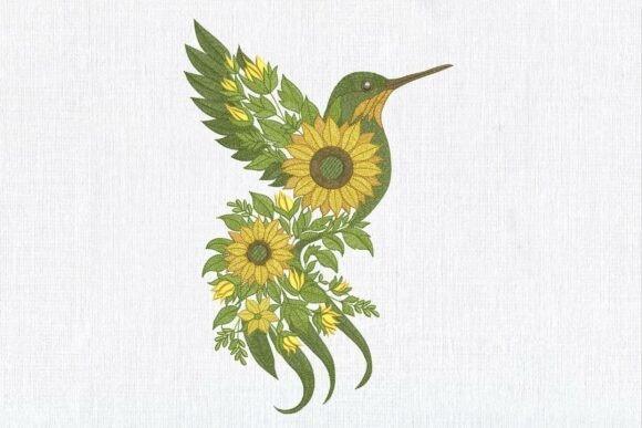 Hummingbird embroidery design made from blooming sunflowers and greenery in yellow and green tones
