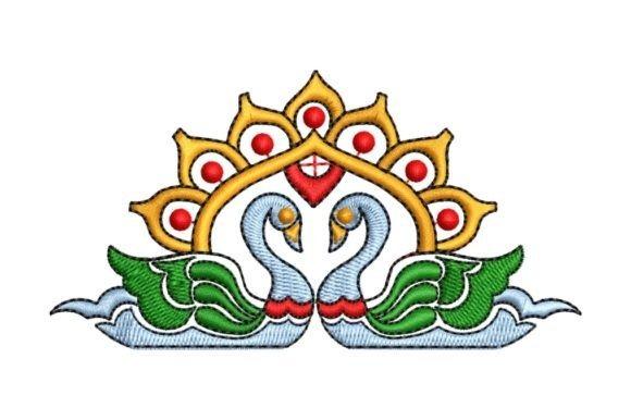 Pair of swan bird embroidery designs with decorative elements in green, blue, red, and gold colors